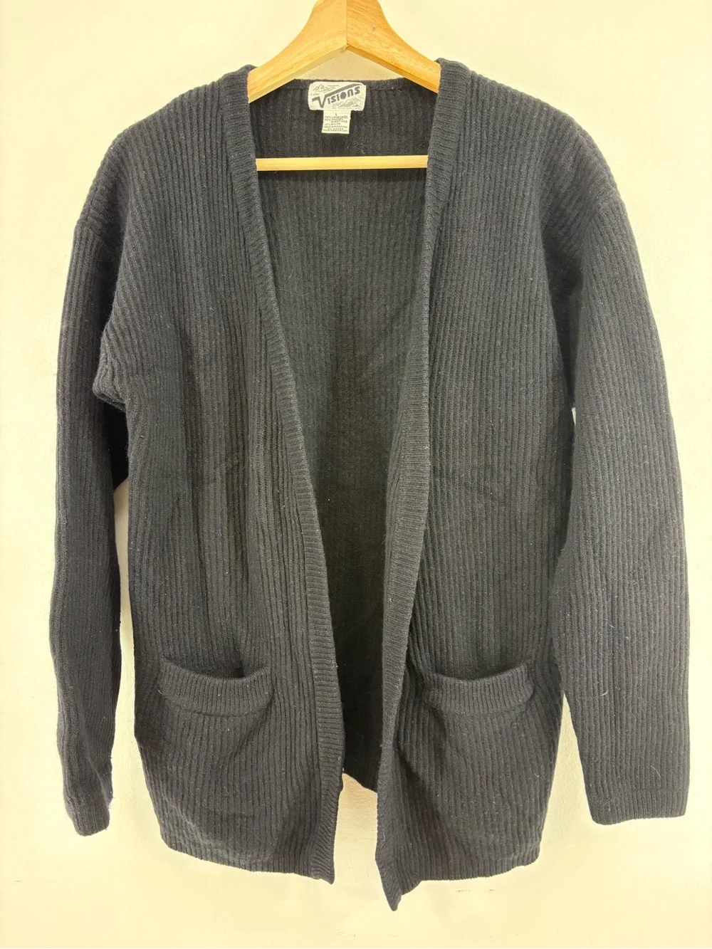 Vintage Visions Black Open-Front Ribbed Women's Cardigan Sweater Lambswool L